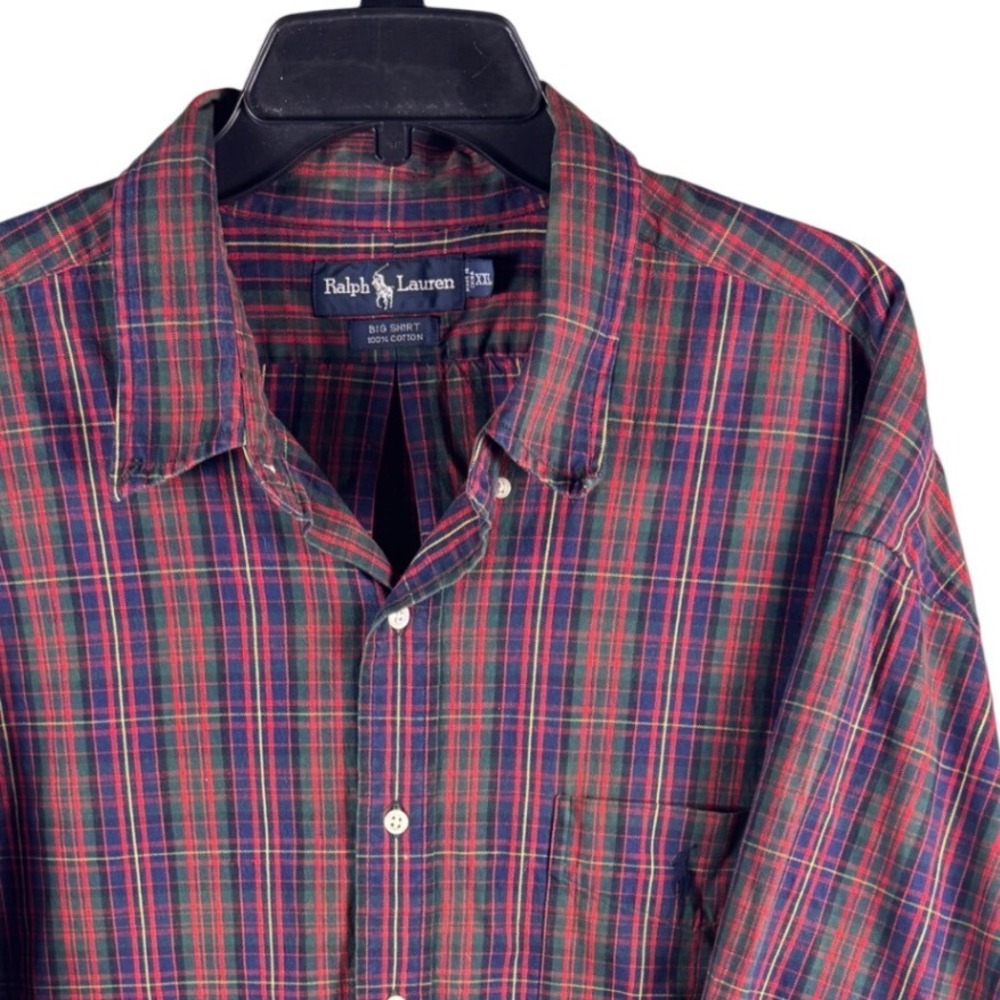 Ralph Lauren Big Shirt Mens XXL Red Green Plaid Cotton Button Down Long Sleeve